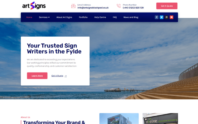 Art Signs Blackpool Website Design. Front Page Screenshot.